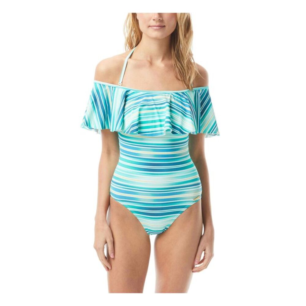 VINCE CAMUTO SWIM Women's Turquoise Removable Cups Ruffled One Piece Swimsuit 6